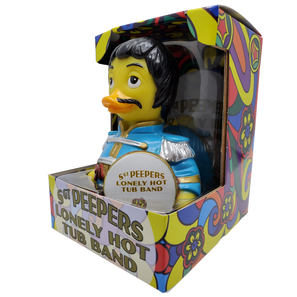 Sgt Peepers Lonely Hot Tub Band rubber duck in retro packaging with blue drum uniform
