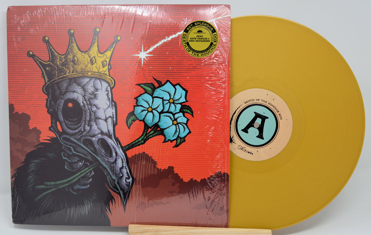 Front cover of Sgt Splendor Death of the Hoochie Koo gold vinyl, featuring crowned vulture art