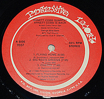 Red Progressive Records label on 'Arnett Cobb Is Back' vintage vinyl album