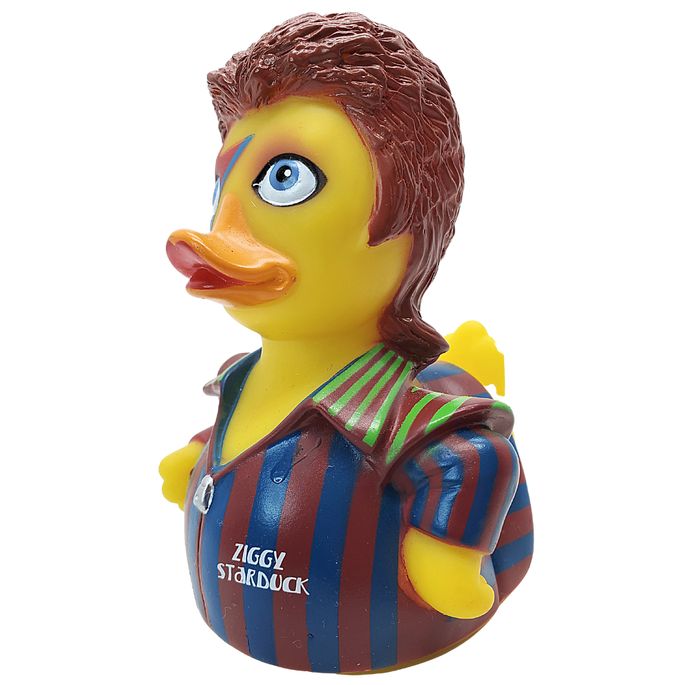 Side view of Ziggy Starduck novelty duck with colorful costume and signature lightning bolt
