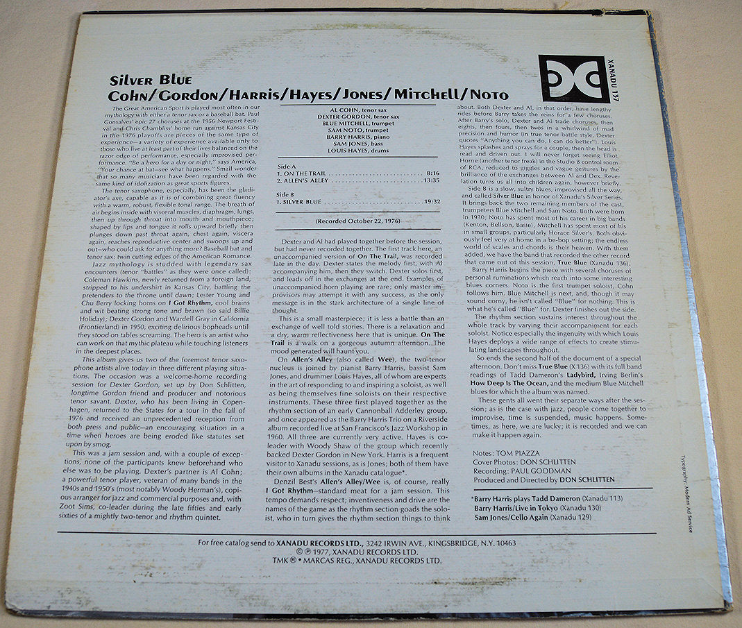 Silver Blue album back cover with detailed liner notes and track information