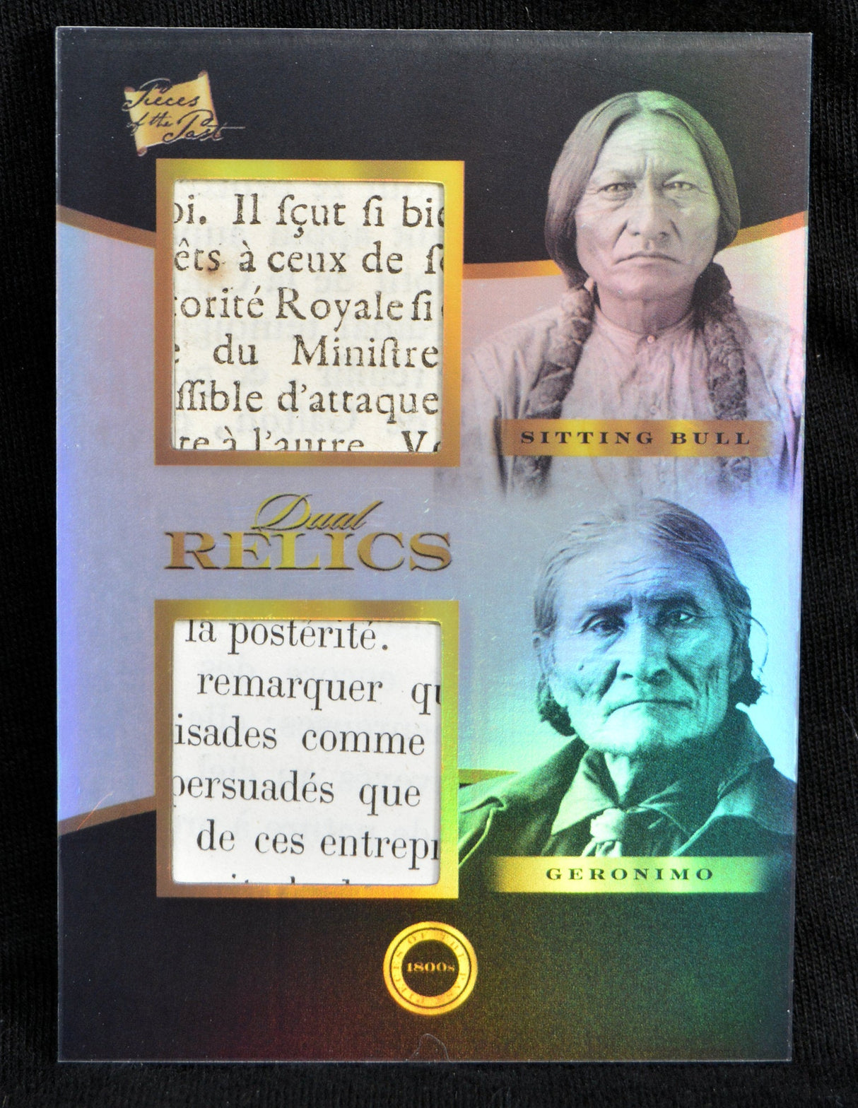 Dual relic collectible card featuring Sitting Bull and Geronimo with authentic document fragments