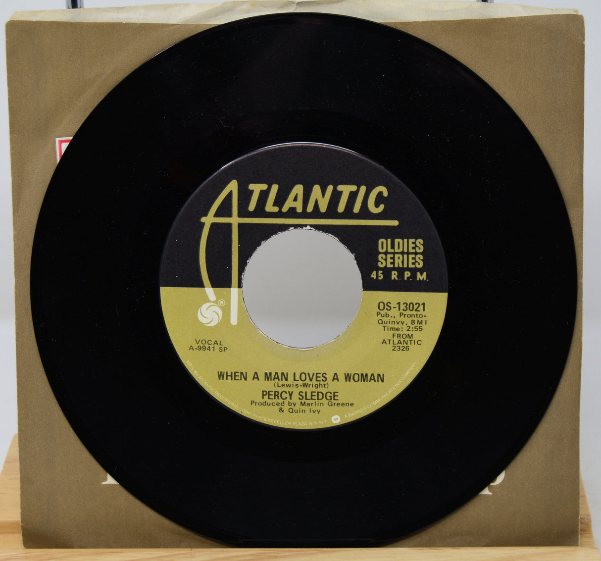 45 RPM record with Atlantic label on a cardboard sleeve