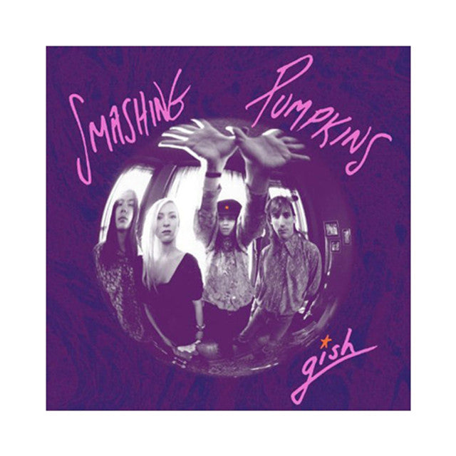 cover featuring band members through a fish eye lens and smahing pumkins in pen writing