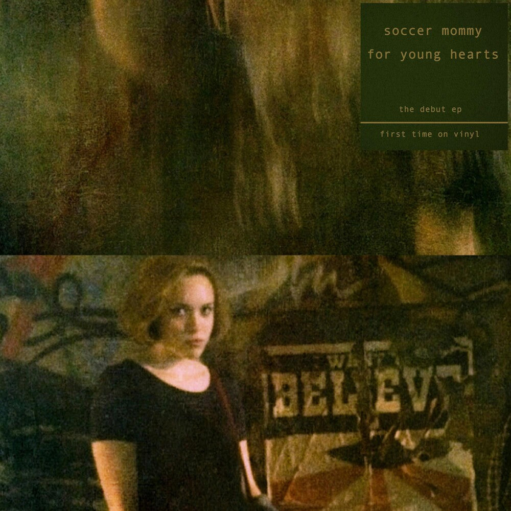 Person standing in front of a record player with album cover text overlay