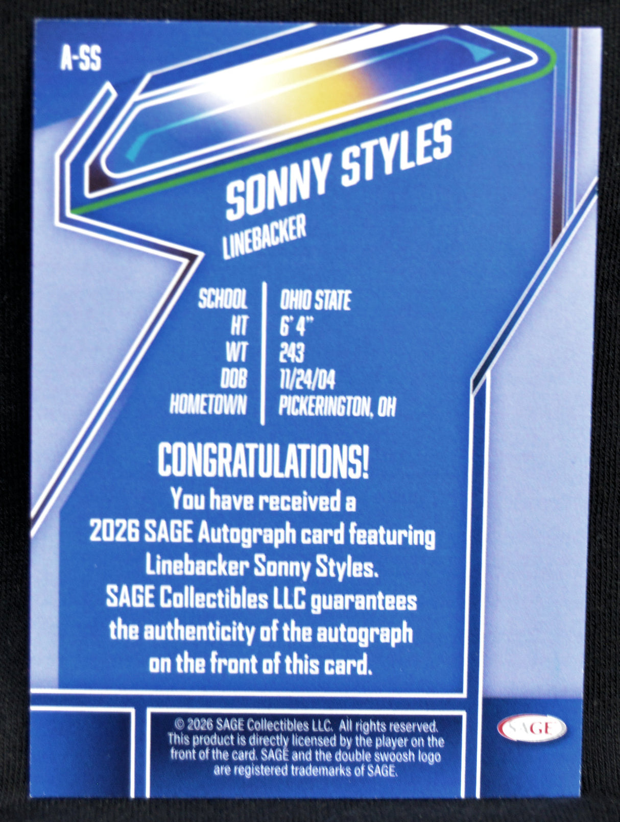 Sage Autograph card for Sonny Styles, featuring his name and details on a blue background.