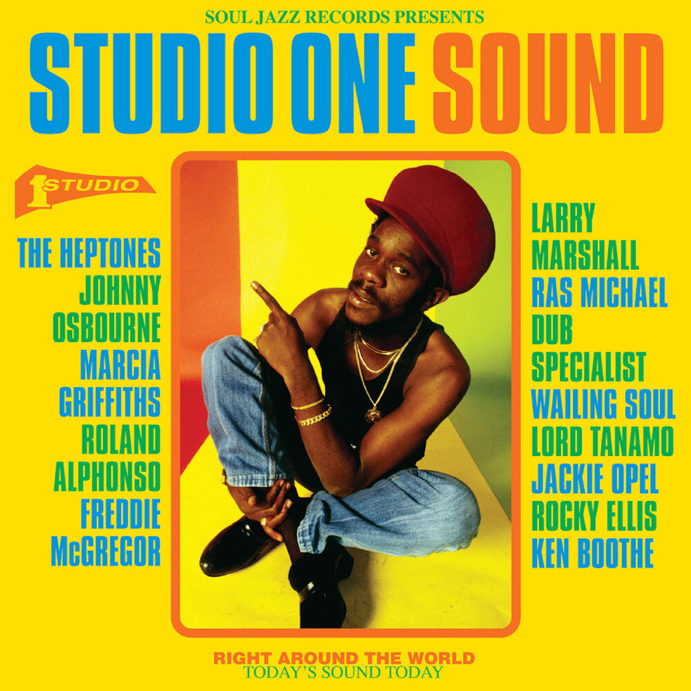 Album cover for 'Studio One Sound' featuring a person in a red cap and blue pants against a yellow background with text.