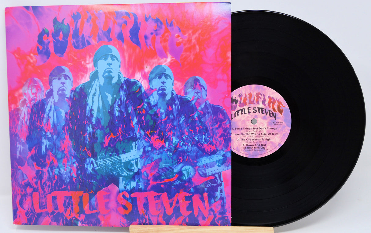 Front cover of Soulfire vinyl LP showing psychedelic image of Little Steven surrounded by flames