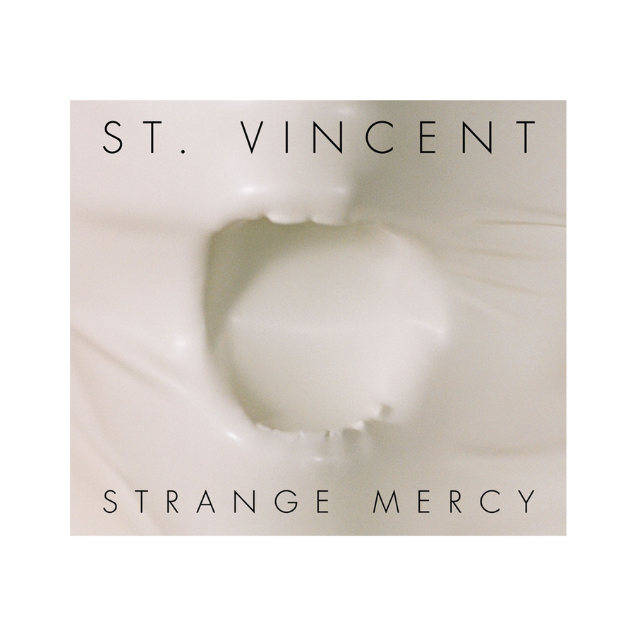 This image features the album cover for "St. Vincent - Strange Mercy," a new vinyl record by the artist known as St.