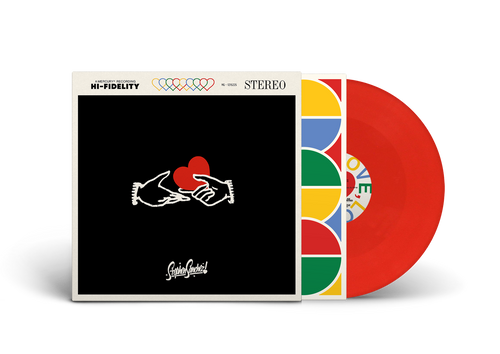 Vinyl record with colorful design and a black label featuring a handshake and heart.
