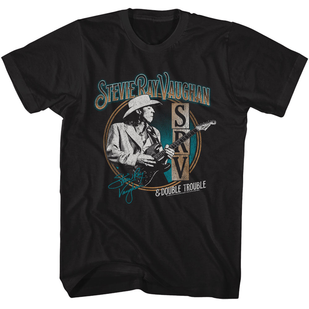 Black t-shirt featuring Stevie Ray Vaughan playing guitar with SRV & Double Trouble graphic design