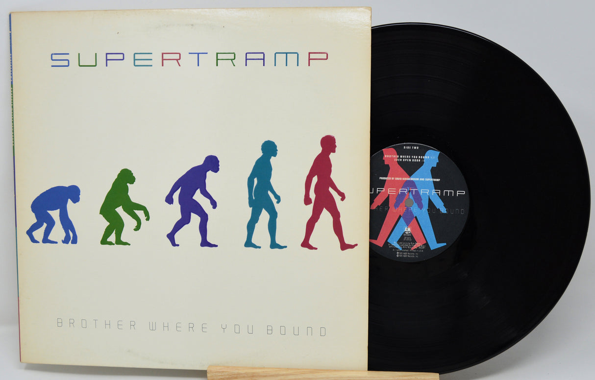 Vinyl record and cover with 'Supertramp' album art on a white background