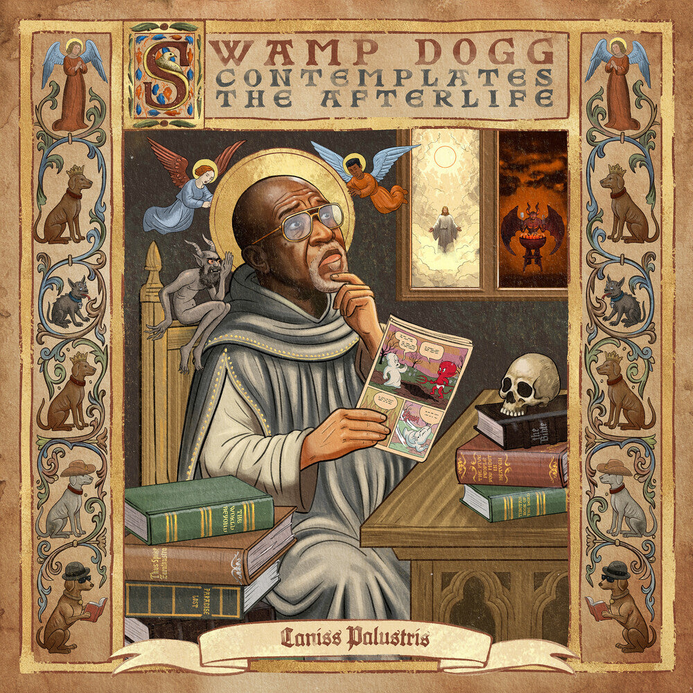 Album cover with a stylized illustration of a man sitting at a desk surrounded by books and animals, with decorative elements.