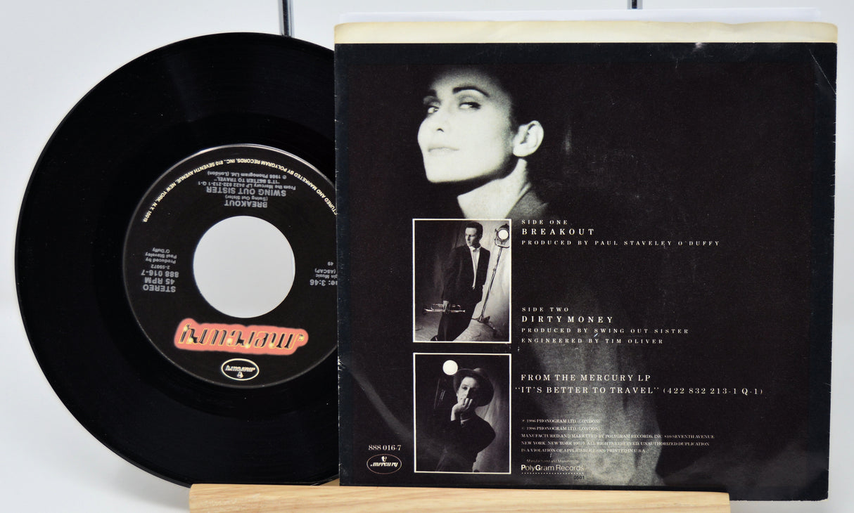 Vinyl record and its cover with a person's face on a white background