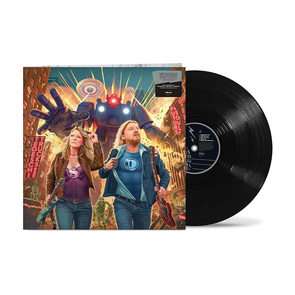 Vinyl record with a colorful cover featuring two people and a robot, on a white background.