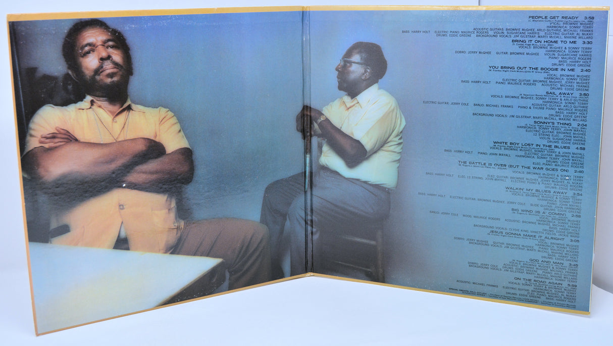 Album cover with two images of a man and text on a blue background