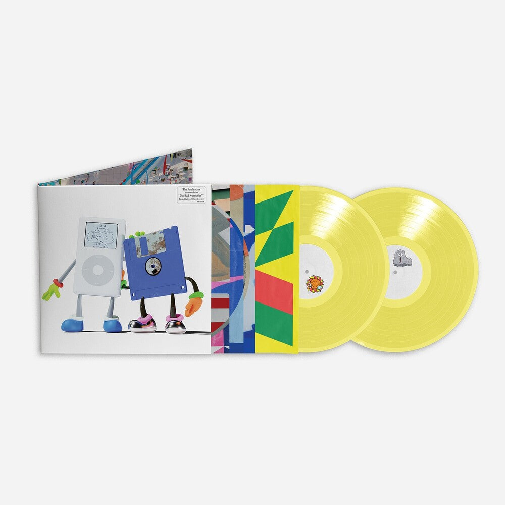 A vinyl record album shown open with two translucent yellow records partially pulled out. The album cover features a white background with a stylized illustration of a gray iPod and a blue floppy disk character, and the inner sleeve has bold multicolor geometric panels.