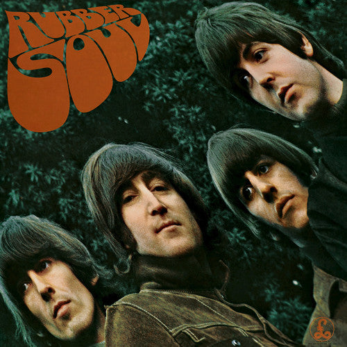 The album cover of 'Rubber Soul' by The Beatles featuring a collage of the band members' faces.