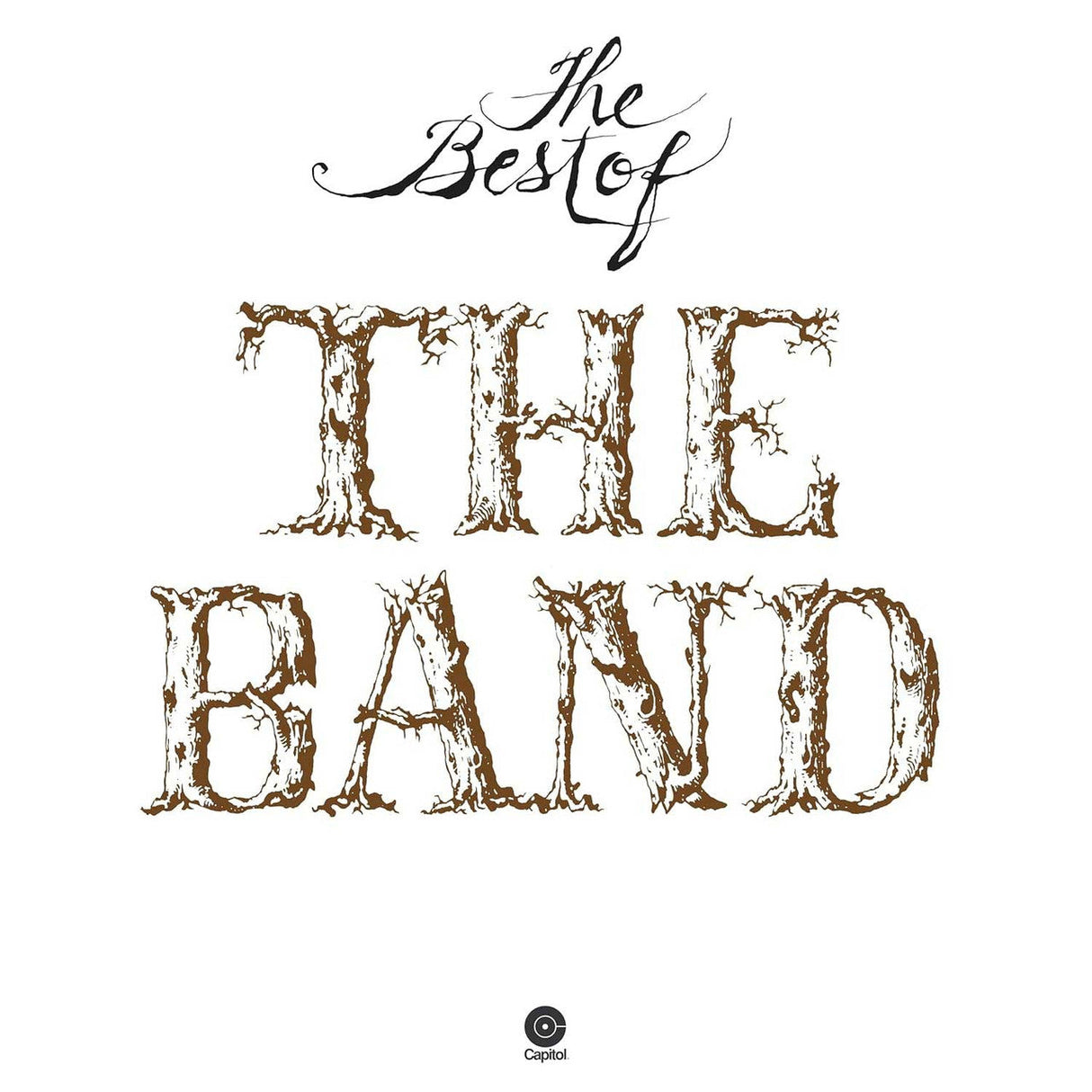 The Best of The Band album cover with stylized tree-bark font on a white background