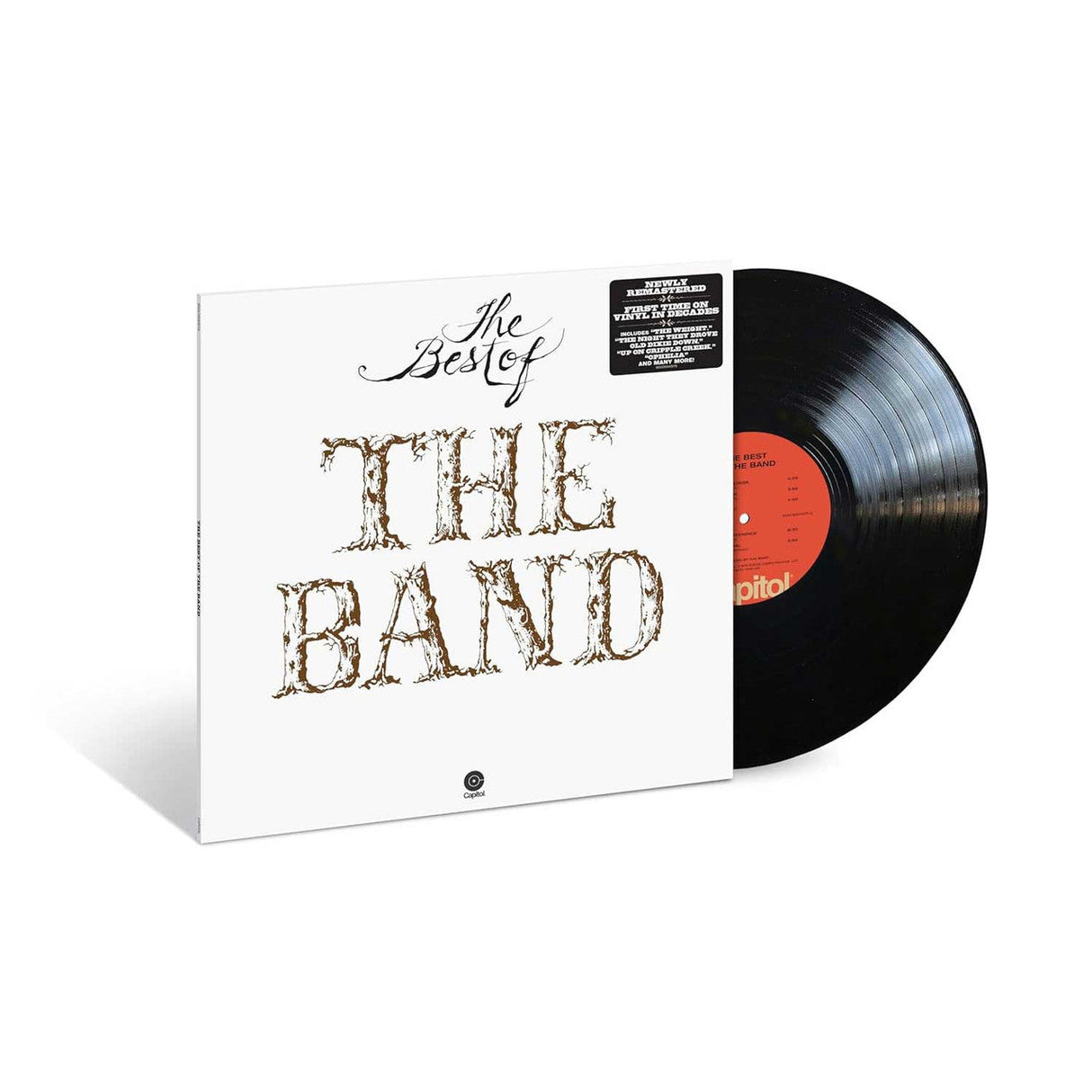 The Best of The Band vinyl record partially out of its album cover featuring rustic lettering