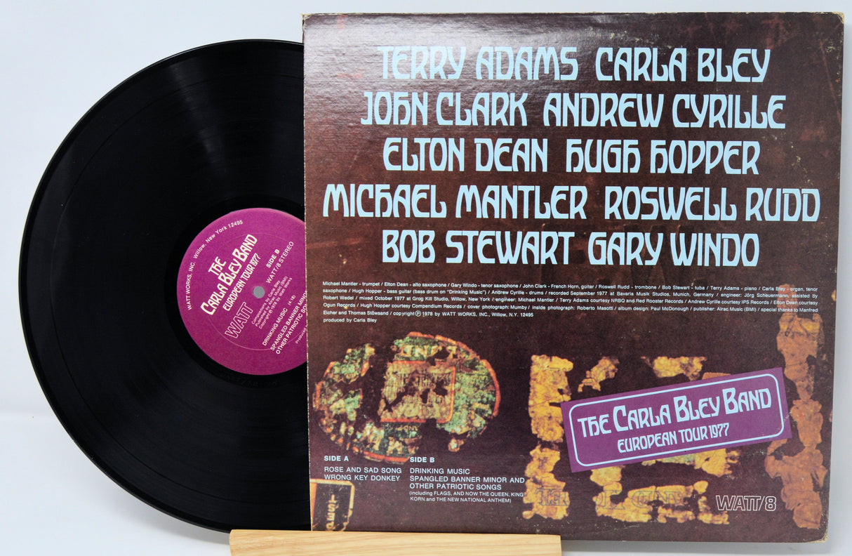 Vinyl record and album back cover listing The Carla Bley Band members and European Tour 1977 details