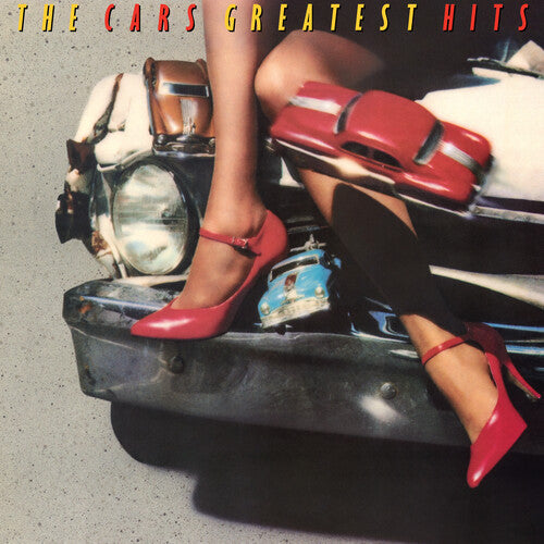 The Cars Greatest Hits album cover featuring legs in red high heels on a classic car bumper