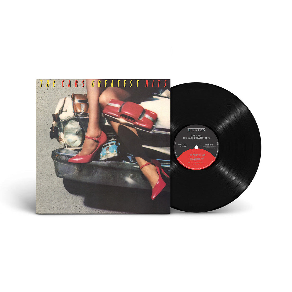 The Cars Greatest Hits vinyl record with album cover showing red heels resting on a vintage car