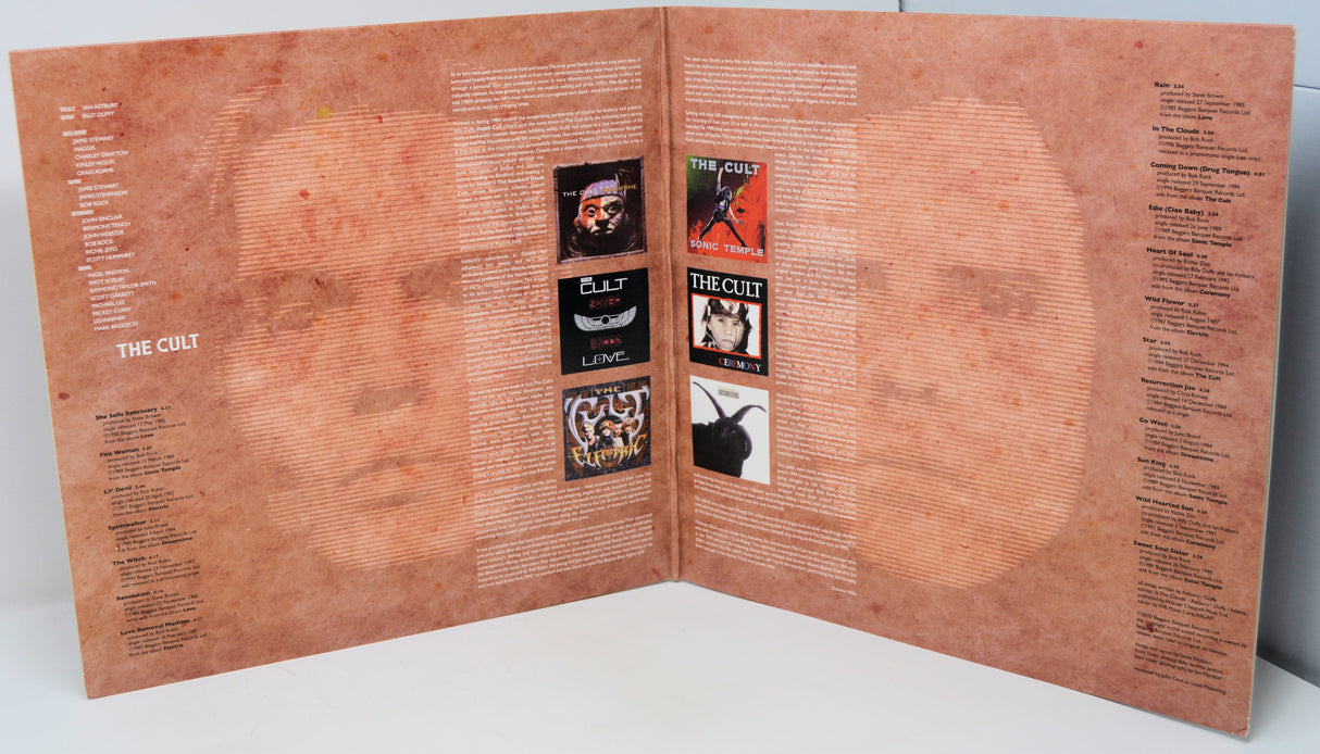 Gatefold inner sleeve of The Cult's Pure Cult: The Singles 1984-1995 vinyl album with album notes and artwork