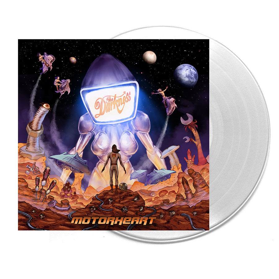 The Darkness Motorheart album cover on limited edition clear vinyl, featuring a futuristic robot and space scene