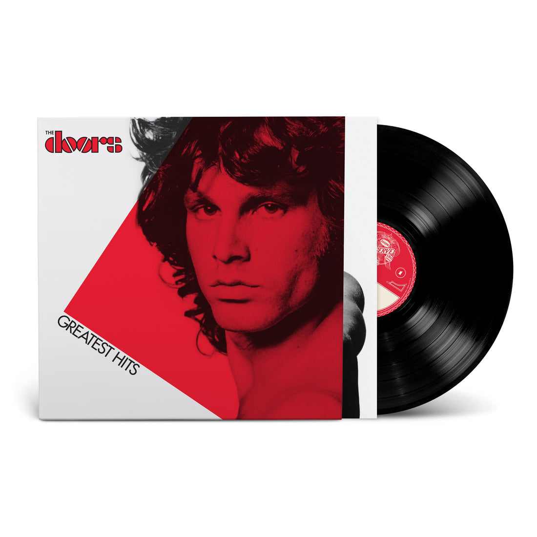 The Doors Greatest Hits vinyl record with bold red and white album cover