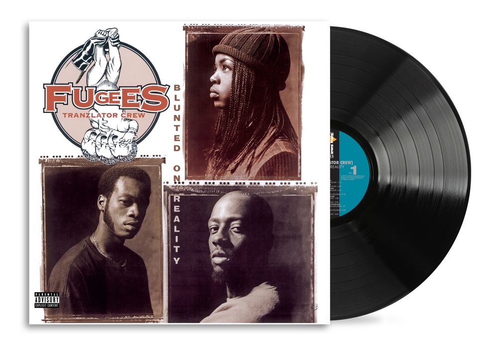 Vinyl record with cover featuring three individual portraits of the band members and a logo on a white background