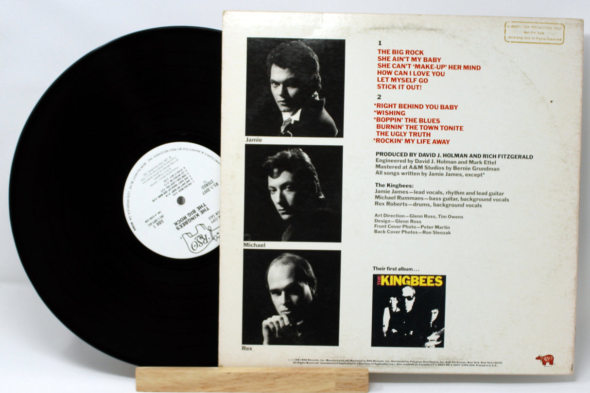 Back cover of The Kingbees' 'The Big Rock' LP vinyl showing the tracklist, band member portraits, and album credits