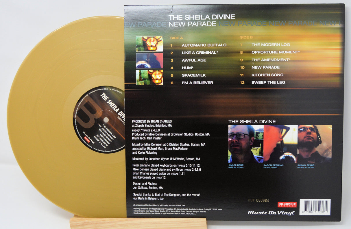 Back cover and gold vinyl of The Sheila Divine's New Parade album, tracklist and band details shown