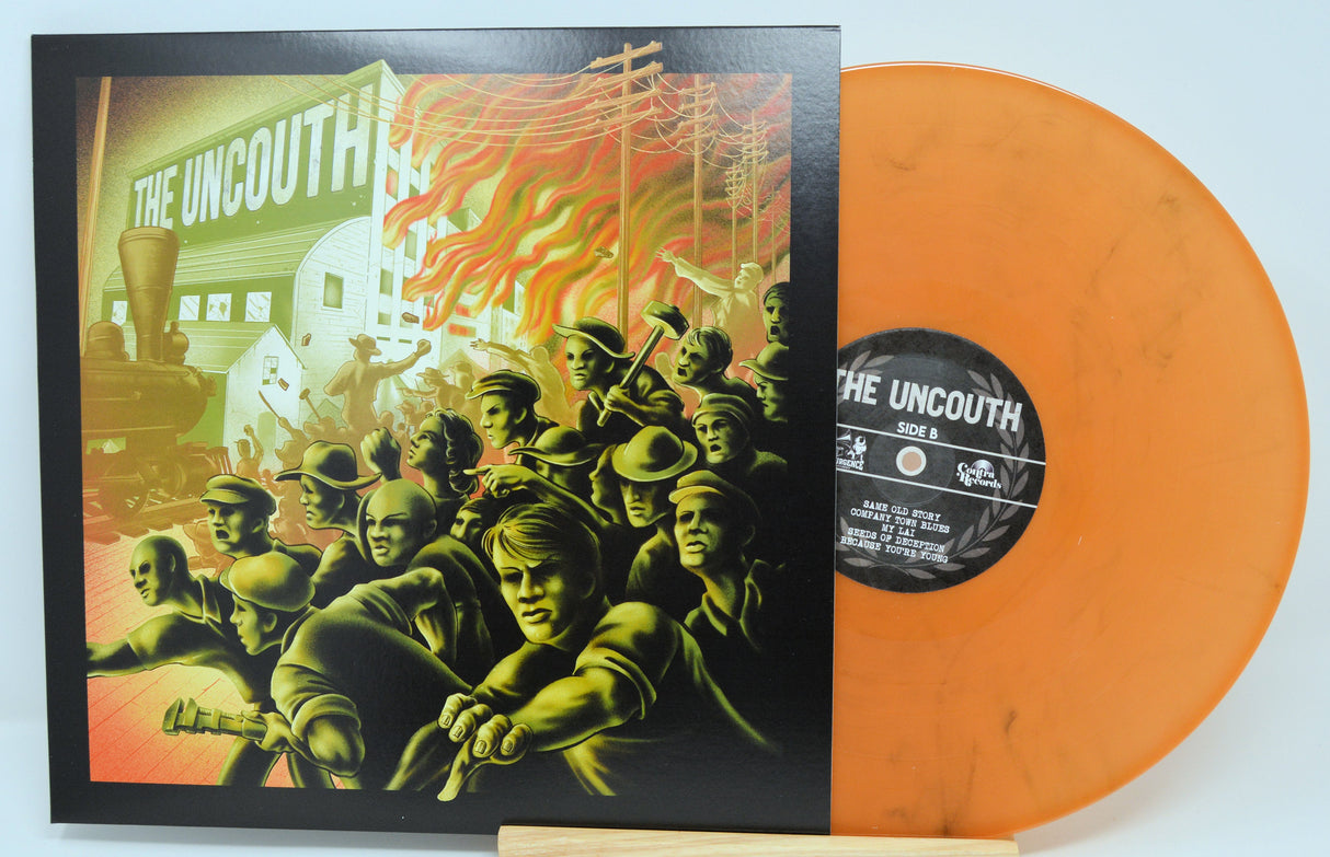 Front cover of The Uncouth's 'Tension Envelopes' album showing stylized artwork and orange vinyl record