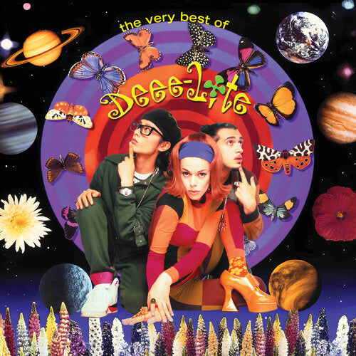 Colorful cover art for 'The Very Best of Deee-Lite' album featuring the band surrounded by planets and butterflies