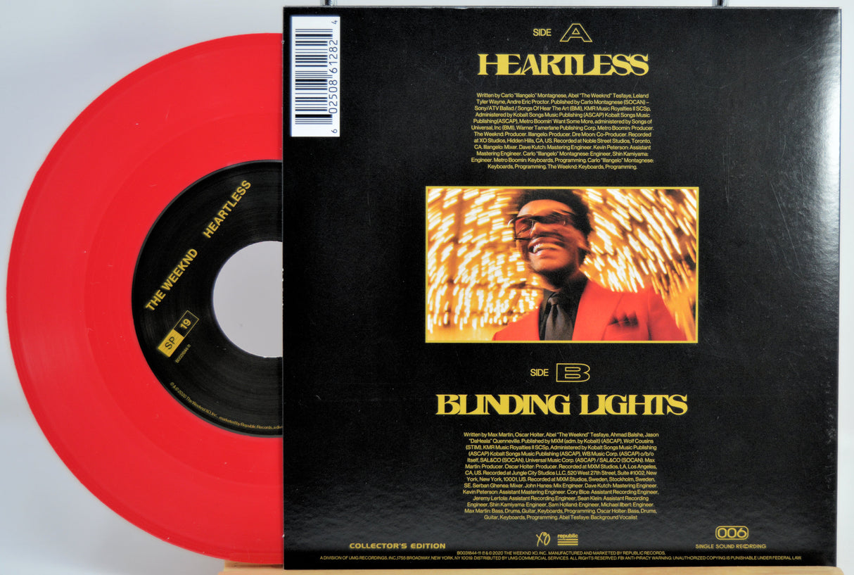 Th Weeknd red Vinyl record with disc and black back cover featuring album art and text for Heartless and Blinding Lights.