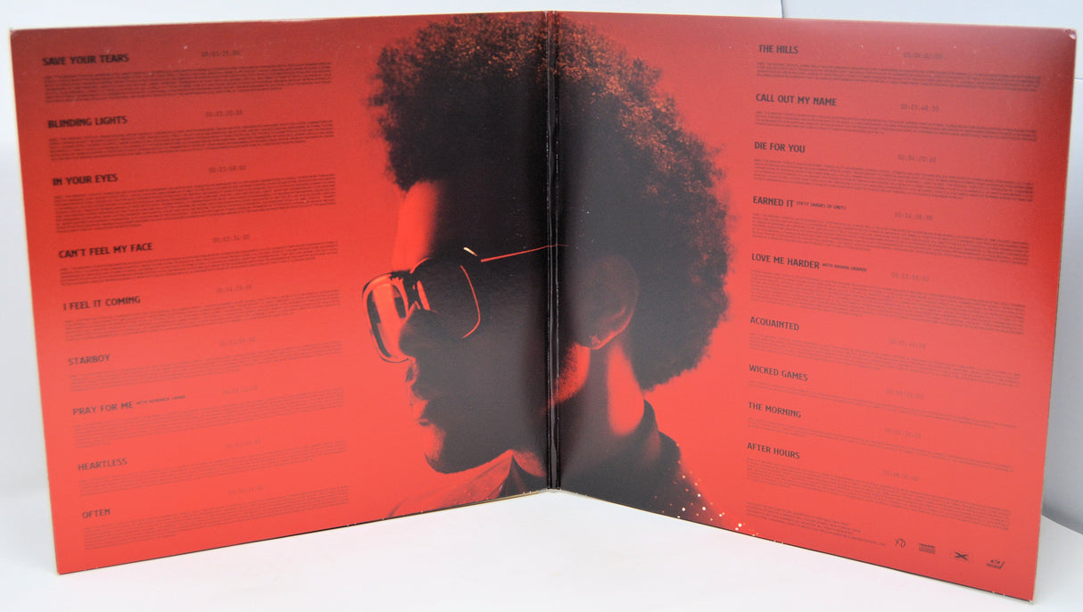 Open gatefold of The Weeknd The Highlights LP with tracklist and artist profile