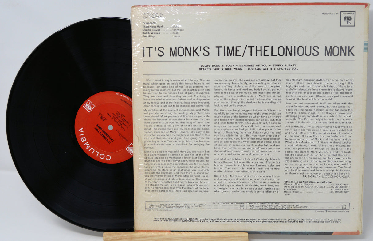 Vinyl record with cover displaying 'It's Monk's Time' by Thelonious Monk.