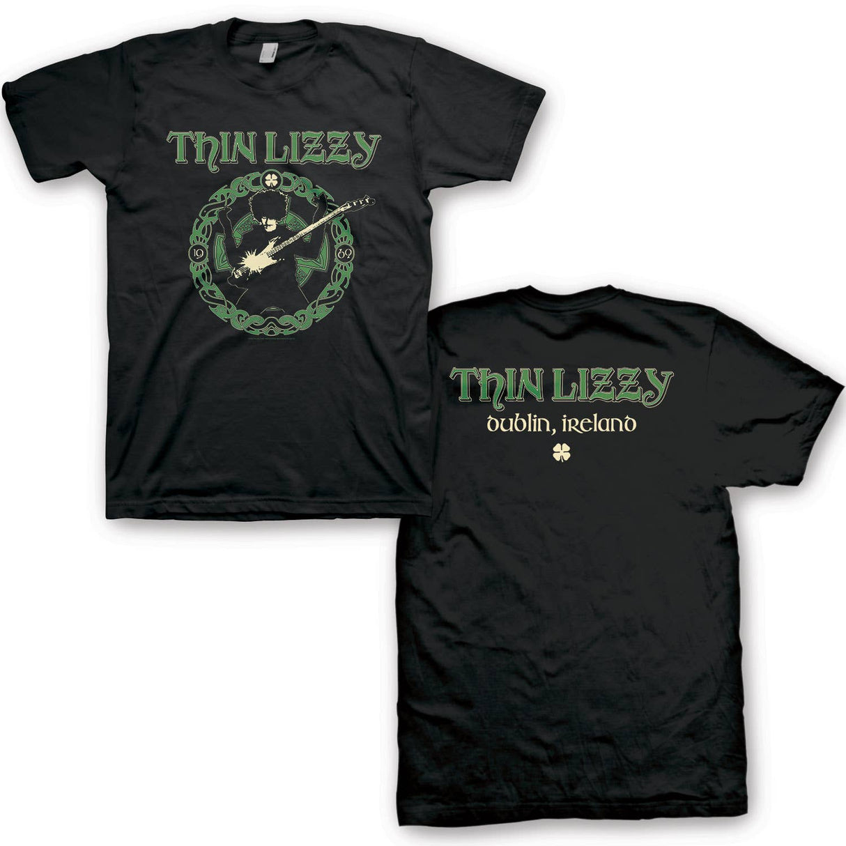 Front and back view of a black Thin Lizzy t-shirt with Celtic design and Dublin, Ireland text