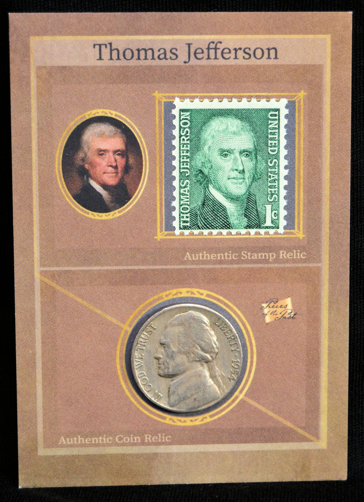 Thomas Jefferson dual relic card featuring his portrait, vintage stamp, and historic coin