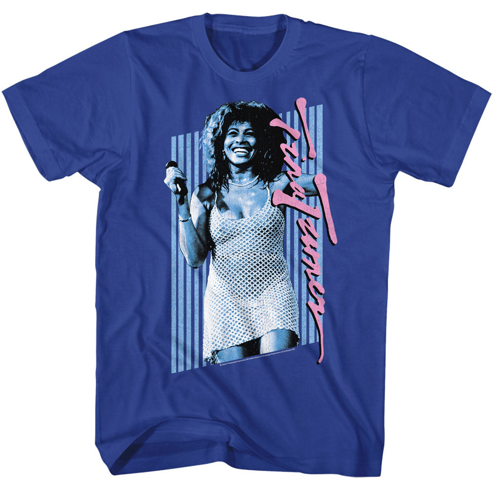 Blue t-shirt with a graphic of a woman and text on a white background