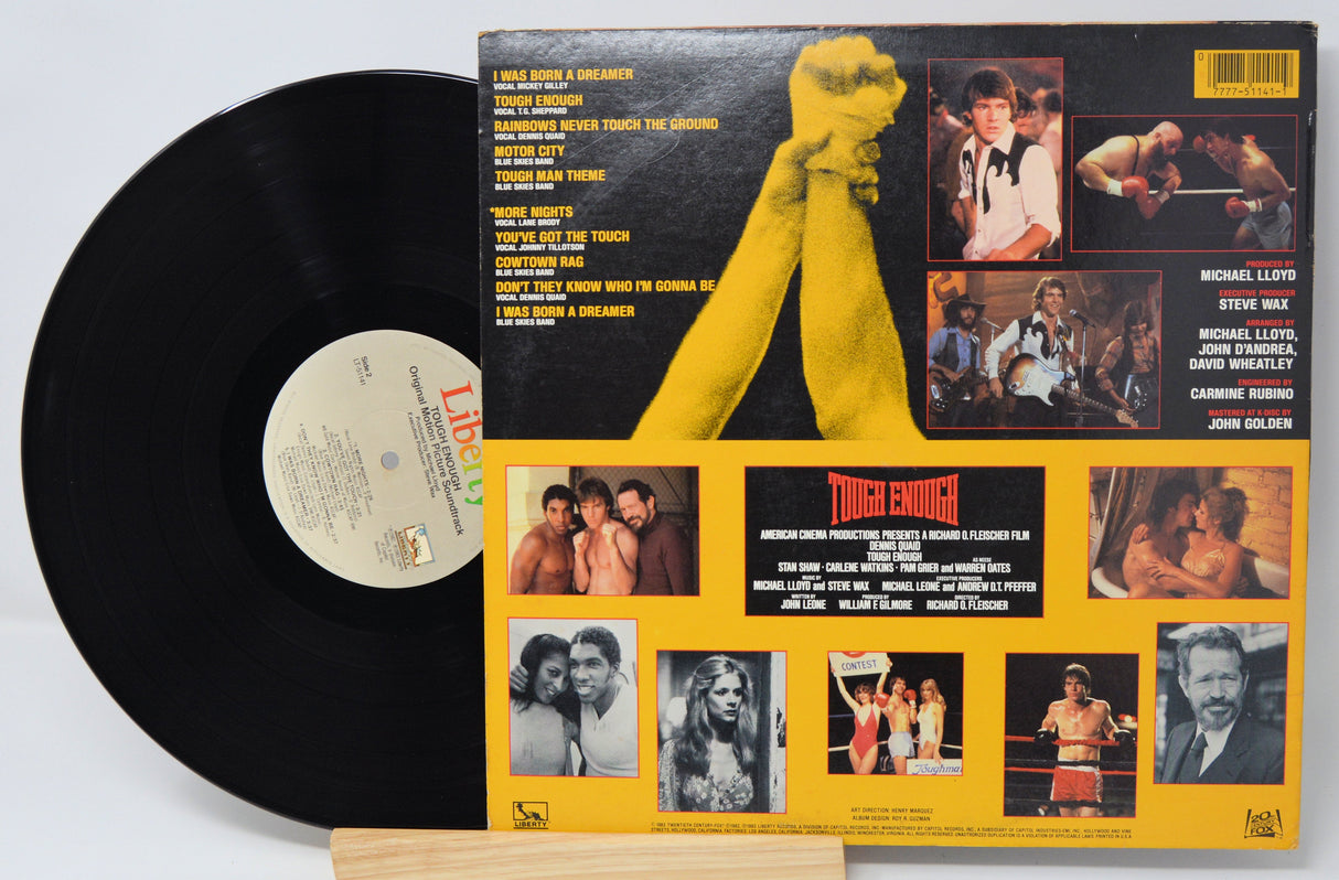 Back cover of Tough Enough original motion picture soundtrack vinyl LP with tracklist and movie scenes