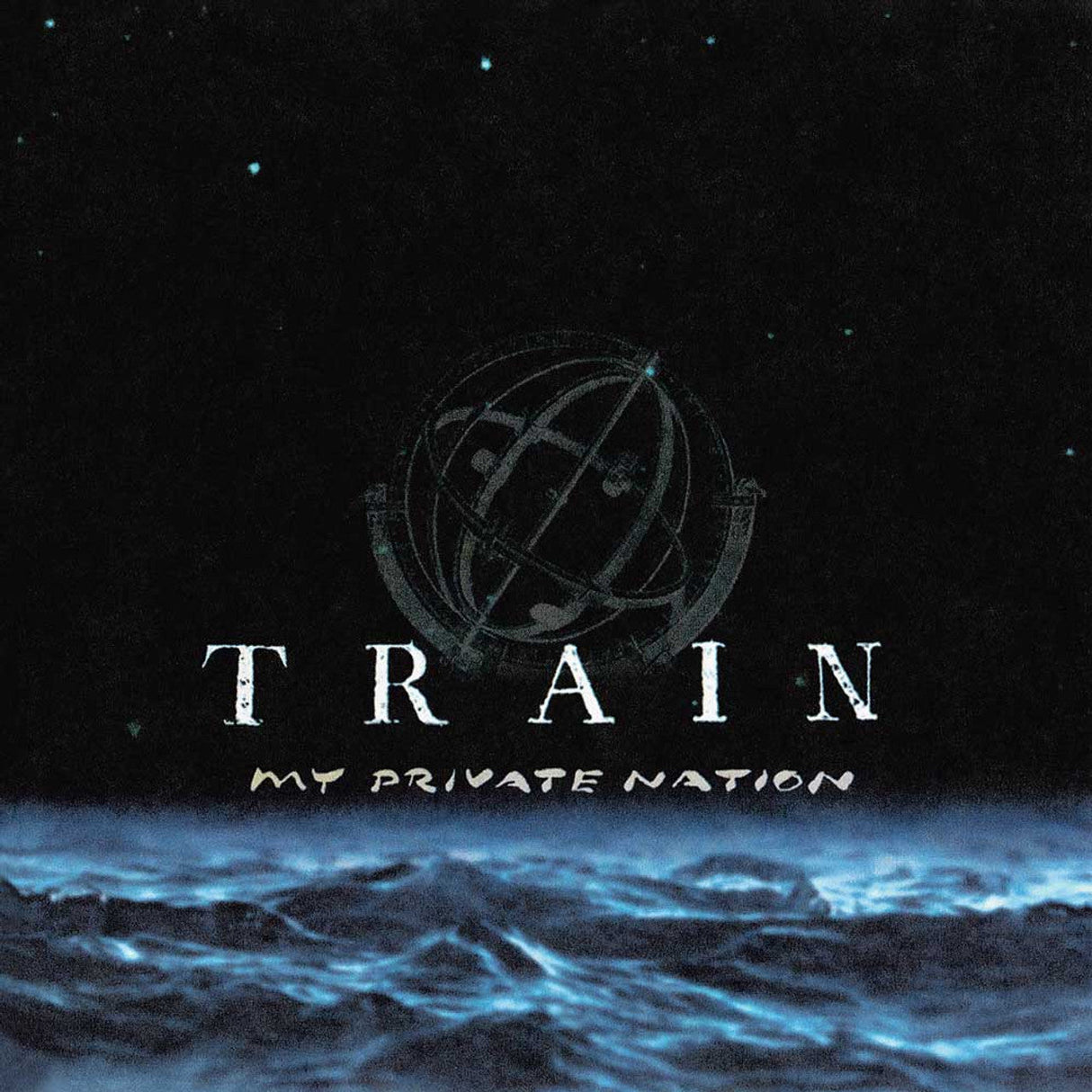 Close-up of Train My Private Nation album cover with globe design and blue waves