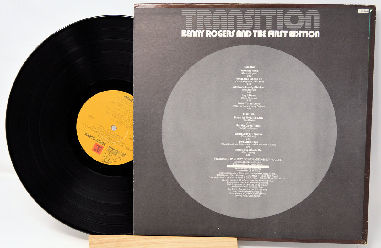 Back cover and record of Kenny Rogers And The First Edition Transition vinyl LP showing tracklist