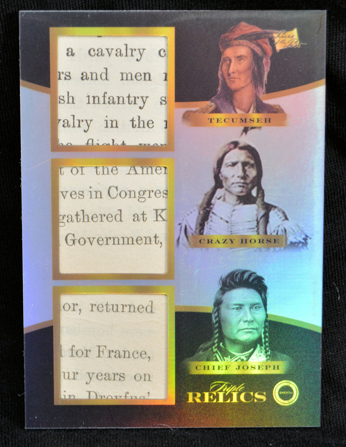 Triple Relics card with portraits and artifacts for Tecumseh, Crazy Horse, and Chief Joseph