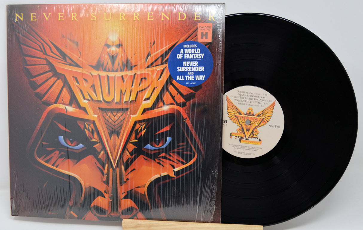 Vinyl record with cover featuring a stylized face design and 'Never Surrender' text.