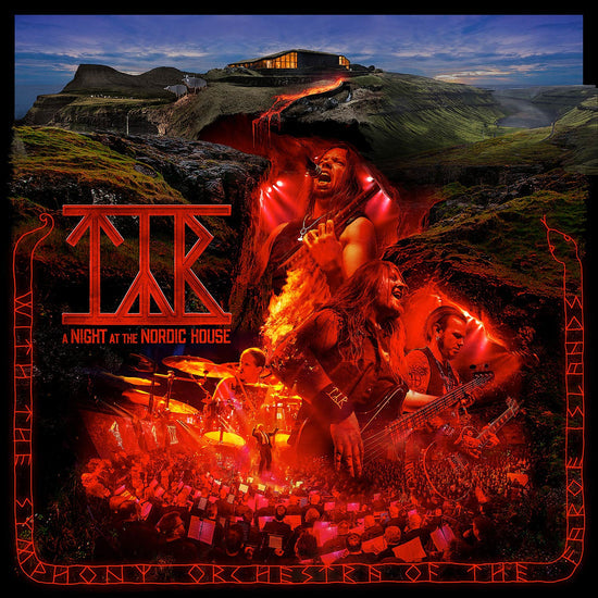 Album cover for 'A Night at the Nordic House' by Týr featuring a band performing on stage with a mountainous landscape in the background.
