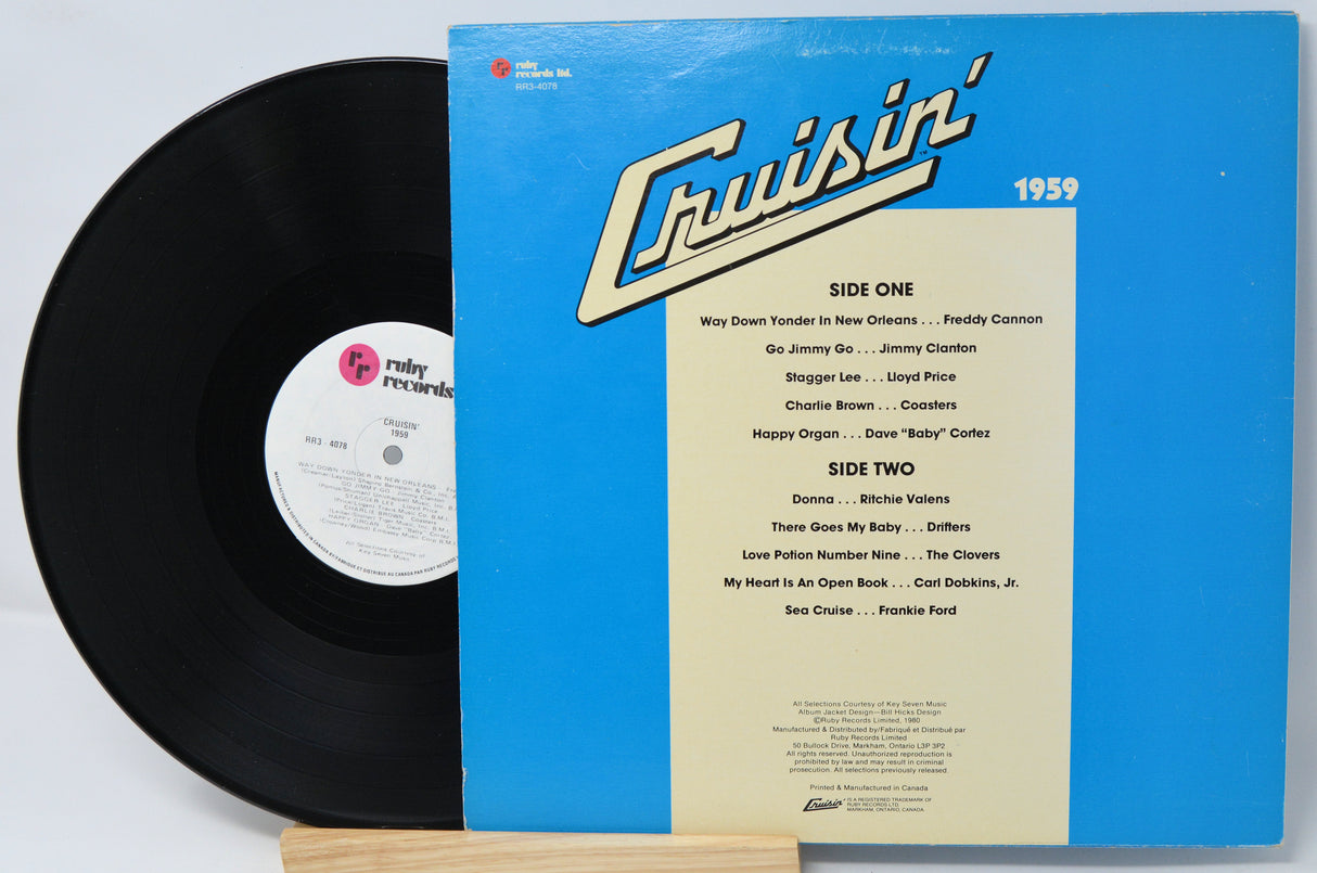 Vinyl record with blue cover featuring text and a white label on a light gray background
