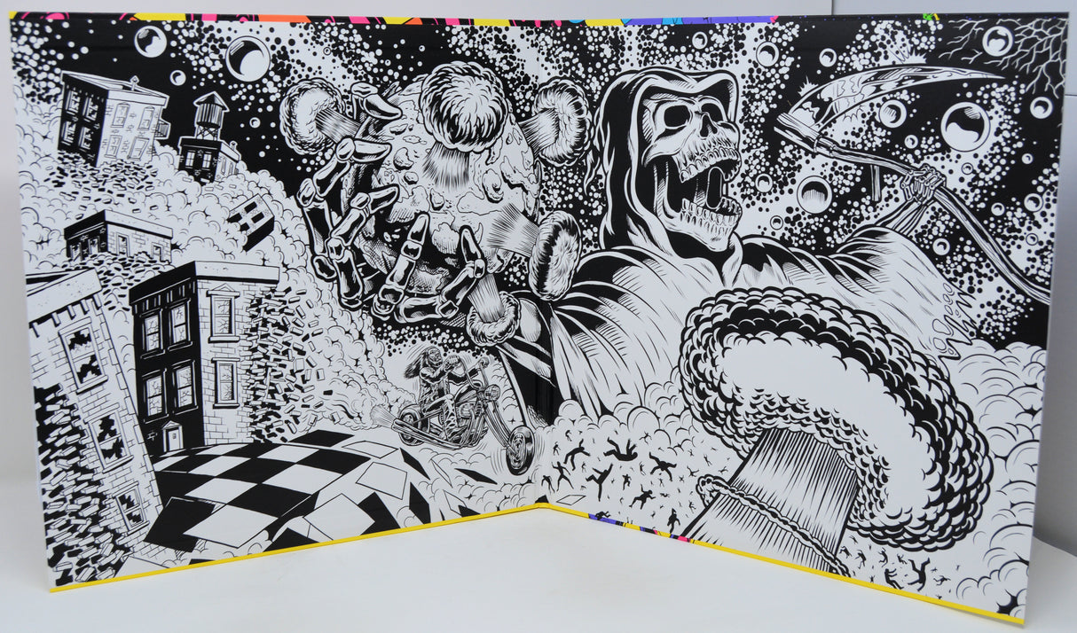 Illustration of a skeleton in a hooded cloak with a snake, surrounded by buildings and abstract elements.