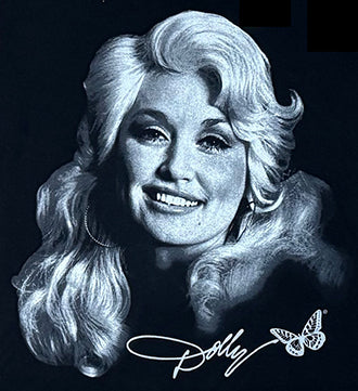 Monochrome graphic t-shirt featuring a portrait of Dolly with her signature and butterfly design